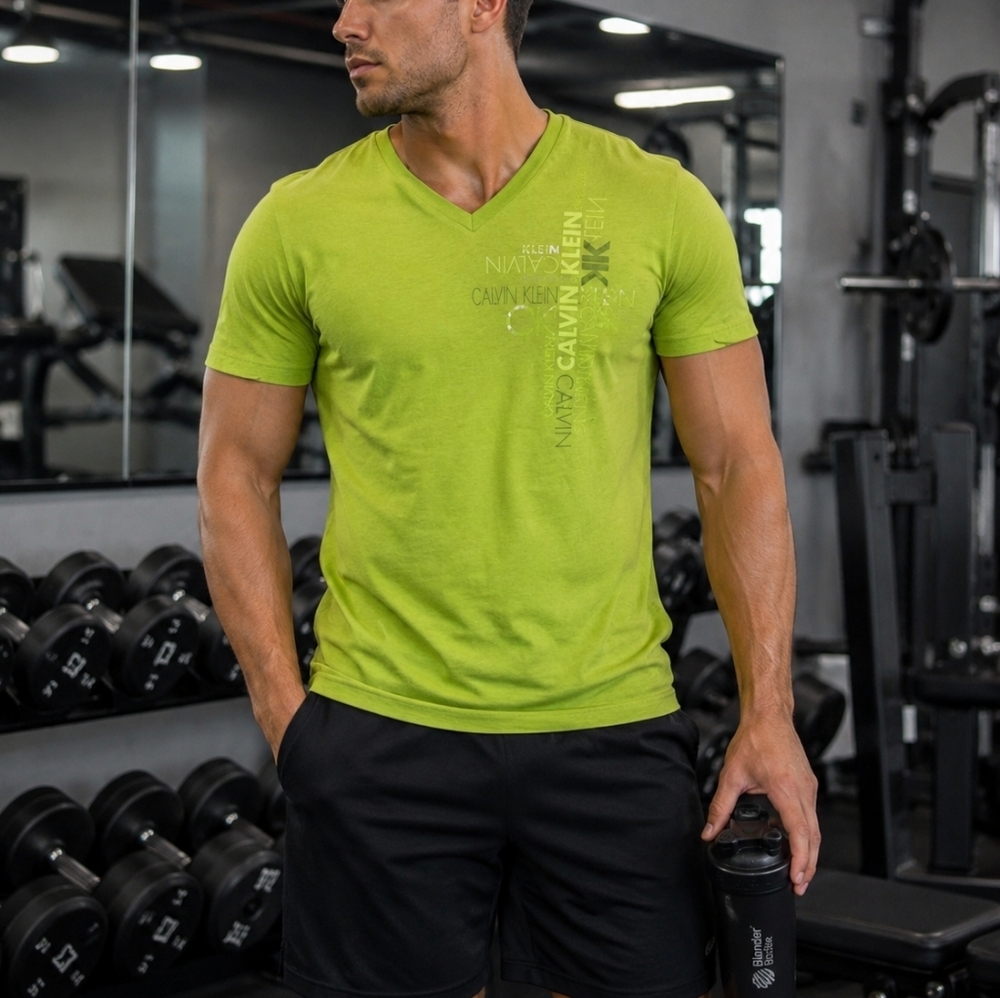 Calvin Klein Neon Green V-Neck T-Shirt XL Body Fit Cotton Graphic Tee